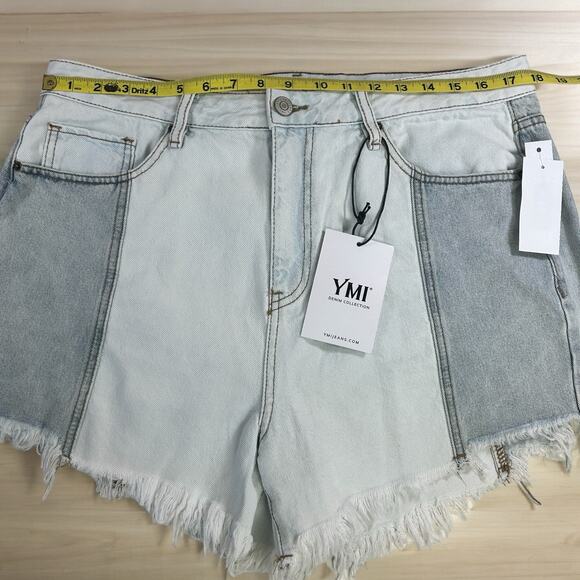 YMI Color Block Shorts Women Size 31  High Rise Two Tone Blue Frayed Hem Denim - Picture 9 of 11